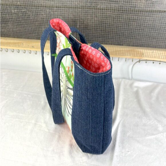 Handmade Upcycled Denim Tote Bag, linened with cotton materials. - Picture 4 of 11